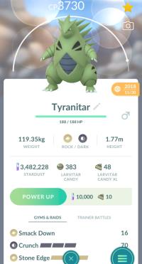 LEVEL 40 TYRANITAR + 3 MOVES UNLOCKED + LEGACY SMACK DOWN ||| Larvitar Evolution - Pokemon Go Services