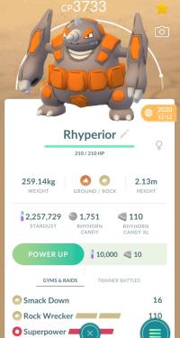 LEVEL 40 RHYPERIOR + 3 MOVES UNLOCKED + LEGACY ROCK WRECKER ||| Rhyhorn Evolution - Pokemon Go Services