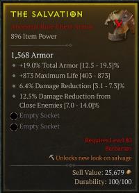 Rare Armor - 19% Total Armor / 873 Life / 6.4% Damage Reduction / 12.5% Damage Reduction from Close Enemies