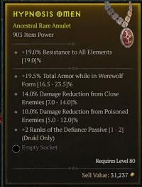 903 Druid 4/4 19.5% WW armor / MAX Damage Reduction Close / 10.0% Damage Reduction Poisoned / +2 Defiance
