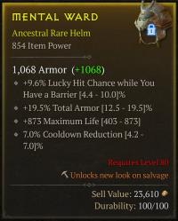 Rare Helm - 19.5% Total Armor / 873 Life / 7% Cooldown Reduction / 9.6% Lucky Hit Chance while You have a Barrier