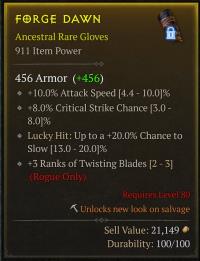 100% Perfect Twisting Blades Rogue Gloves - 10% Attack Soeed / 8% Crit / Lucky Hit +20% / +3 Twisting Blades