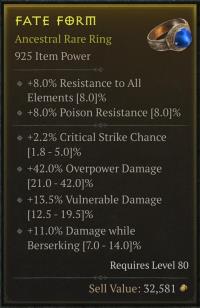 Rare ring / 925 ip / 2.2 crit chance / 42 overpowered / 13.5 vulnerable damage / 11 damage while berserking