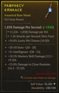 Rare Wand - 925 IP / +28 All Stats / +51 Int / +18.5% Mastery Skill Damage / +23% Damage to Close Enemies