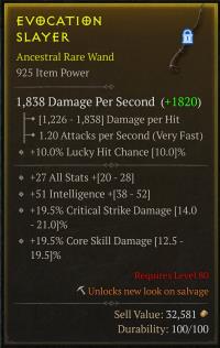 Rare Wand - 925 IP / 27 All Stats / 51 Int / 19.5% Crit Damage / 19.5% Core Skill Damage