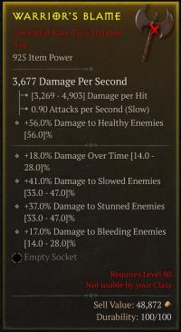 Rare Axe - 925 IP / 18% Damage Over Time / 41% Damage to Slowed Enemies / 37% Damage to Stunned Enemies / 17% Damage to Bleeding Enemies