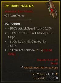 100% Perfect Tornado Druid Gloves - 8% Crit / 10% Attack Speed / 11% Lucky Hit Chance / +3 Tornado