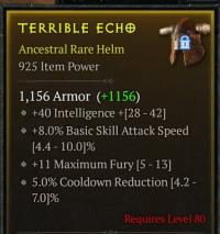 4H6/LVL80 Helm/+40 Intelligence +8.0% Basic Skill Attack Speed +11 Maximum Fury 5.0% Cooldown Reduction