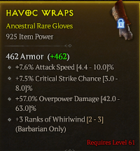 lvl 61 gloves/+7.5%Critical strike chance +7.6%Attack speed +57%Overpower Dam +3ranks of whirlwind/A
