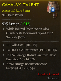 lvl 61 Bar pants/+16All Stats +13%Damage reduction from close Enemies 7.7%Damage reduction while Fortified +40%Cold resistance /A