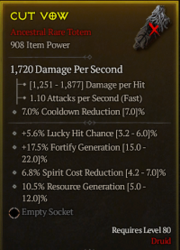 80 lvl Totem 908 item power - Lucky hit , Spirit Cost , Resource Generation, Fortify Generation - 4/4 bis