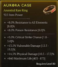 80lvl Ring 925 item power - Critical Strike chance , Vulnerable damage , Max life , Physical damage - 4/4 bis