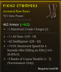 80lvl 925 item power Boots - All stats , int , Corpse Tendrils +3 , Movement speed for 4 seconds after elite - 4/4