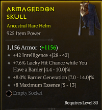 80lvl Helmet 925 item power - int , Max essence , Barrier Generation , Lucky hit Chance while you have a barrier - 4/4