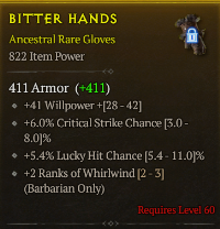 lvl 60 Gloves/+41Willpower +6%Critical strike chance +5.4%Lucky Hit Chance +2ranks of whirlwind/A+