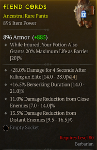 lvl Bar Pants/+11%Damage reduction from close Enemies +13.5%Damage reduction from Distant Enemies +16.5%Berserking duration/A+