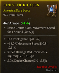lvl 64 Bar Boots/+16%movement speed +42Intelligence 5%dodge chance 30.5%Damage reduction while injured/A+