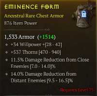 lvl 75 Chets/+34Willpower 11.5%Damage reduction from close Enemies 14%Damage reduction from Distant Enemies +537Thorns/A+