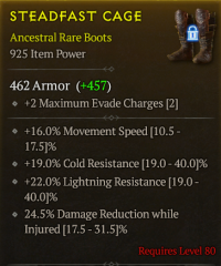 lvl 80 BOOTS/+16.5%movement speed +19%Cold resistance +22%Lightning resistance 24.5%Damage reduction while injured/A++