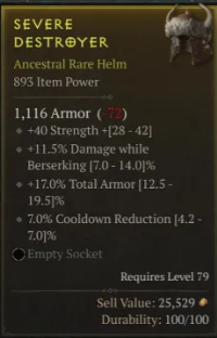 Season 3 - 893 IP Barbarian Helmet - Max 7% Cooldown Reduction, 17% Armor, 11.5% Damage While Berserking, 40 Strength