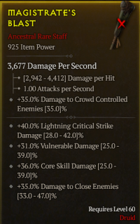 60LVL Staff 925 item power - Lightning Crit damage , Vulnerable damage , Core damage , Close damage - 4/4 Druid
