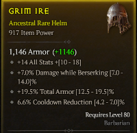 80lvl Helmet 917 item power - All stats , Total armor , Cooldown Reduction , Damage while berserking - 4/4 bis