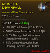 lvl 80/+18.5%Total armor +7%Damage Reduction +14.5%Damage reduction from Distant Enemies 5%Damage reduction from enemies that are bleeding/a+