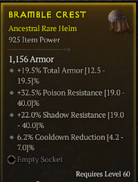 5-5-3/LVL60 Helm/+19.5% Total Armor +32.5% Poison Resistance +22.0% Shadow Resistance 6.2% Cooldown Reduction