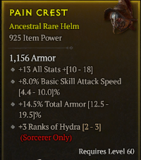 5-5-4/LVL60 Helm/+13 All Stats +8.0% Basic Skill Attack Speed +14.5% Total Armor +3Ranks of Hydra(Sorcerer Only)