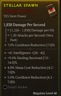5-5-11/LVL60 Focus/+41 Intelligence +9.0% Healing Received 4.8% Mana Cost Reduction 5.0% Cooldown Reduction