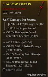 5-5-18/LVL60 Staff/+46 All Stats +37% Critical Strike Damage +38% Mastery Skill Damage +25% Damage to ChilledEnemies