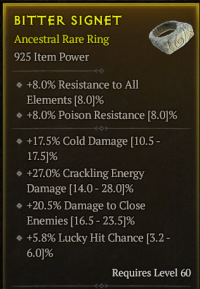 5-5-48/LVL60 Ring/+17.5% Cold Damage +27.0% Crackling EnergyDamage +20.5% Damage to CloseEnemies +5.8% Lucky Hit Chance