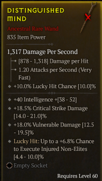 5-5-49/LVL60 Wand/+40Intelligence +18.5%Critical Strike Damage +18%Vulnerable Damage Lucky Hit:Up to a+6.8% Chance to Execute Injured Non-Elites
