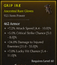 5-4-3/LVL60 Gloves/+7.2% Attack Speed +5%Critical Strike Chance +24%Damage to InjuredEnemies +7%Lucky Hit Chance