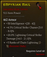 5-4-4/LVL60 Gloves/+30Intelligence +4.5%Critical Strike Chance +20%Lightning Critical StrikeDamage +3Ranks of Chain Lightning(Sorcerer Only)
