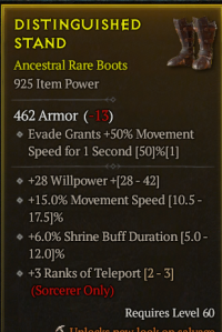 5-4-17/LVL60 Boots/+28 Willpower +15% Movement Speed +6% Shrine Buff Duration +3 Ranks of Teleport(Sorcerer Only)