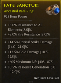 5-4-20/LVL60 Ring/+14.5% Critical Strike Damage +12.5% Cold Damage +605 Maximum Life 10.5% Resource Generation