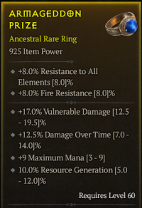 5-4-21/LVL60 Ring/+17%Vulnerable Damage +12.5%Damage Over Time +9Maximum Mana 10%Resource Generation