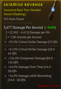 lvl 80 2H Sword/+126%Overpower Damage+ 16%Damage while Berserking +41%Critical strike dam +24%Damage over time/a+