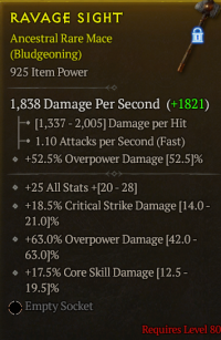 lvl 80 mace/+25All Stats +63%Overpower Dam +18.5%Critical strike dam +17.5%Core skill Dam/a+